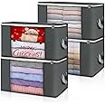 Large Storage Bags, 4 Pack Clothes Storage Bins Foldable Closet Organizers Storage Containers with Durable Handles Thick Fabric for Blanket Comforter Clothing Bedding 90 L (Gray)
