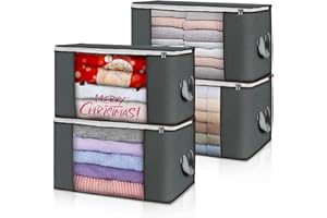 Budding Joy 4 Pack 90L Storage Bags, Large clothes storage bags with Zips Durable Handles Thick Fabric for Clothes, Bedding, Blankets, Comforters and Toys (Gray)