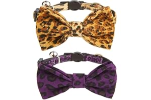 YUDOTE Weiches Schnellverschluss-Sicherheits-Katzenhalsband mit Fliege, Starkes Nylon und Premium-Beflockungsstoff mit elegantem Leopardenmuster, verstellbar 19-28cm, braun, lila 2er-Pack