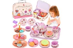 Kickidz Kids Tea Set for Little Girls,Gift for Age 3 4 5 6 Year Old, Toddler Toys Tea Party Set for Little Girls, Princess Kids Kitchen Pretend Toy with Tin Tea Set