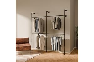 Pamo Drążek na ubrania z loftem industrialnym - KIM II Double - Szafa ścienna I, wieszak na płaszcze do sypialni z solidnych czarnych rur do montażu na ścianie