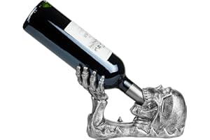 ‎BRUBAKER BRUBAKER Weinflaschenhalter Totenkopf - Flaschenhalter Trinkender Schädel mit Skelett Hand Silber - Flaschenständer Deko Figur Handbemalt Weinzubehör - Lustige Dekoration - Wein Geschenk