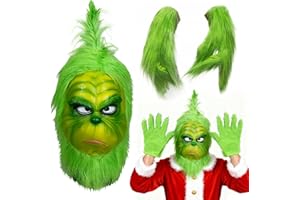 Ycaaeo Grin-ch Maske Erwachsene Handschuhen,Weihnachten Grin-ch Kostüm Zubehör mit Furry Head und Handschuhen,Grünes Monster Kostüm Für Erwachsene Frauen Männer Cosplay Kostüm Requisiten