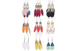 Milacolato 9Pairs Orecchini in Piuma Sintetica Bohemien per Donna Etnica Lunghi Orecchini di Frange di Piume Colorate Moda Orecchini Pendenti Regalo di Festa Della Mamma Regalo