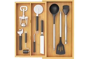 Lifewit Organizador Utensilios Extensible, de 2 a 3 Compartimentos, Bandeja Cubiertos de Bambú, Separadores Ajustable de Cajones Cocina Armario, para Cuchillos/Herramientas/Cucharas/Tenedores, Natural