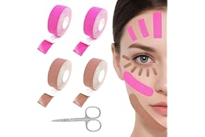 YFPOPONE 4 rolki taśmy do liftingu twarzy, 2,5 cm x 5 m, oddychająca taśma mięśniowa do liftingu twarzy z nożyczkami, wielofunkcyjna taśma do ujędrniania i ujędrniania skóry (kolor różowy)