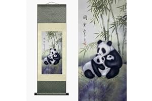 Valart Rollbild aus Seide Asiatische Wanddekoration Seidenmalerei Tier - Chinesischer Panda Nationalschatz Schön Chinesische Kunstwandrolle Hängende Bildrolle Orientalisches Dekor(92 x 30 cm)