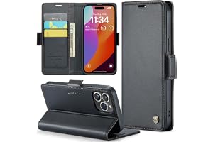 Rerzoiro fodral för iPhone 15 Pro, premium PU-läder telefonfodral med RFID-blockering, ställ, kortplats, magnetiskt skydd, fl
