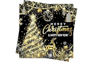 WENTSENT Weihnachten Servietten Silvester, 40Stück Schwarz Gold Weihnachtsservietten mit Gold Rentier Weihnachtenbäume Merry Christmas and Happy New Year Neujahr Weihnachts Papierservietten Tischdeko