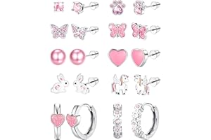 CASSIECA 10 Pares Pendientes Niñas Bebe Acero Inoxidable Pendientes Hipoalergenicos Mujer Multicolor Corazón Flor CZ Pendientes Joyería Regalos para Niña Mujeres