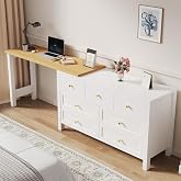 ZKLOEP 2 in 1 Desk with 7 Drawers, 360 Degree Swivel Table, Oak Look, White/Natural, Dressing Table, L-Shaped Corner Desk, Si