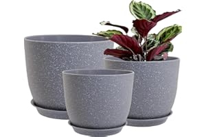 PROFIKLA 30cm, 25cm,23cm Plastic Plant Pots, Pack of 3 Planters, Large Plant Pots with Drainage Holes and Saucers, Modern Decorative Flower Pots, Grey Speckles