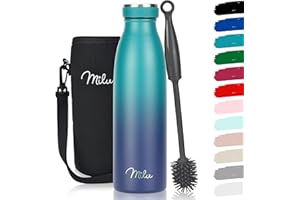 Milu Botella de acero inoxidable de 350ml 500ml 750 ml 1 L 1,5 L botella de agua aislada, termo a prueba de fugas, doble pared, apta para ácido carbónico + cepillo de limpieza (Azul Verde, 500ml)