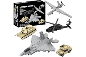 Apostrophe Games 5 wojskowych zestawów klocków (665 sztuk) F-22 Raptor, czołg M1 Abrams, helikopter Black Hawk, Reaper UAV i Humvee Army Truck Scale Modele dla dzieci i dorosłych