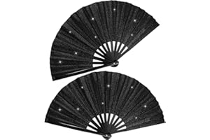 GREVOSEA 2 Pcs Folding Hand Fan, Glitter Large Bamboo Folding Clack Hand Fan Nylon-Cloth Vintage Retro Fabric Fans for Women/Men Wedding Party Favor Performance Dance Home Decorations Festival Gift 25"(2 Pc)