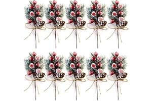 DWTECH 10 Stück künstliche Tannenspieße mit roten Beeren und Tannenzapfen für Weihnachten, Handwerk, Garten, Kranz, Baum, Blumenarrangement, Weihnachtsfeier, Dekoration (rot)