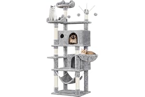 Yaheetech Rascador para Gatos Mascotas con Hamaca Plataforma Cueva Bolas de Juego Canasta 55.5x45.5x170 cm Gris Claro