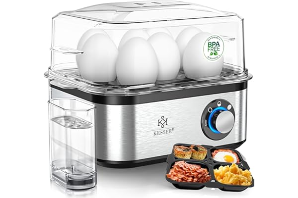KESSER® Cuisinière électrique pour 1 à 8 œufs en Acier Inoxydable 500W & Fonction Maintien au Chaud | Trois Degrés de Dureté | Sans BPA & Lavable en Machine | Bol à Omelette - Noir/Argent