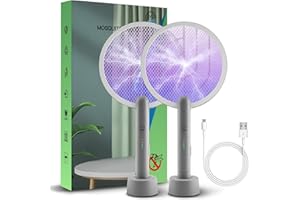 Racchetta Zanzare Elettrica, Mosiller 2 in 1 Scacciamosche 4000V con USB Base Di Ricarica, Insetti Portatile e Lampada UV per Casa, Cucina E Estern(2 PZ)