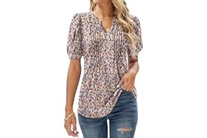 EFFAN Bluse Damen Kurzarm T-Shirts V-Ausschnitt Blumen Falten Tunika Sommer Oberteile Locker Lässig Longshirt…
