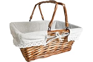 Kobolo Klappbügelkorb Weidenkorb mit Klapphenkeln eckig Textilfutter mit Häkelborte - braun - 40x30x19/34H cm