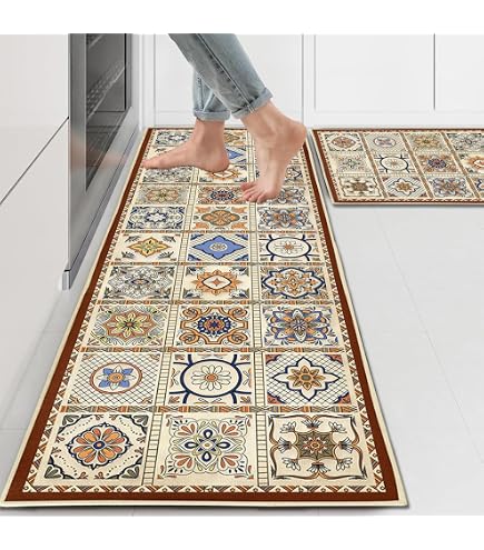 Tapis De Cuisine Boho Lavable 2 Pièces - 40x60 Cm + 40x120 Cm, Antidérapant Silicone, Pour Sol Cuisine Ou Buanderie - 8