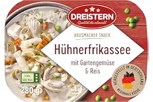 ‎DREISTERN DREISTERN Hühnerfrikassee 280g I Mit Gemüse & Reis I Herzhaftes Fertiggericht in Mikrowellenschale I Lange Haltbarkeit dank natürlicher Konservierung I Hausmacher Qualität