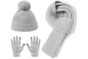 Lallier 3-teiliges Kinder-Set mit Mütze, Schal und Schneehandschuhen, Winter Strickmütze, warme, weiche Pom-Pom Mütze für Jungen, Mädchen und Kleinkinder