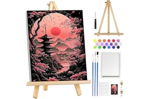 MOGTAA Cherry Blossom Paint by Numbers for Adults Beginner with Frame, Mountain Landscape Painting by Numbers for Adults with Easel, DIY Oil Painting Kits Art Crafts for Home Decor, 8x12in