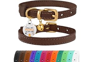 BRONZEDOG Collar de cuero para gato con campanas, etiqueta QR para gatito no separable para niña y niño (marrón oscuro y dorado, 23-28 cm)