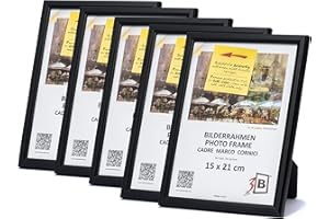 3-B Lot de 5 Cadres JENA - Noir - 15x21 cm - Cadre Photo en Bois, Mural et de Table, avec Verre Acrylique