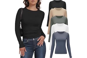 YOIOWVY Lot de 5 Tee Shirt Hauts Essentiels à Manches Longues pour Femmes Coupe ajustée Extensibles col Ras du Cou t-Shirts Respirants à superposer pour Femmes vêtements de Travail sous-vêtements