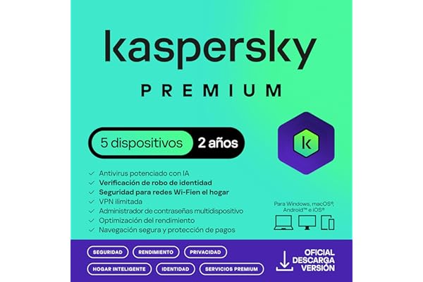 Kaspersky Premium Total Security 2026 | 5 Dispositivos | 2 años | Anti-Phishing y Firewall | VPN ilimitada | Gestor de contraseñas | Control parental | Soporte 24/7 | PC/Mac/Móvil | Código por email