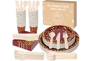 Anstore Platos De Papel Rojo Con Punto De Onda Dorada, 200 Juego Vajilla De Fiesta Con Tenedores, Cuchillos, Cucharas, Servilletas, Platos, Vasos, 25 Invitados Platos Desechable Para CumpleañOs, Boda