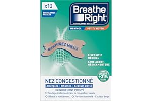 Breathe Right Menthol - Bandelette nasale - Taille M/S - Sommeil : aide à réduire les ronflements - Rhume, allergies, sport : vous aide à mieux respirer - Bandelettes couleur peau, 10 pièces