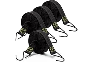 RUGTOL Guma napinająca z haczykami, 200 cm długości, gumowe napinacze bagażu, linki napinające z metalowymi haczykami, 4 sztuki, ekstra mocne, płaskie, czarne, gumowe linki, szerokie pasy mocujące do roweru,