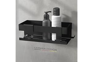 ‎HUSMAN husman® Duschablage ohne Bohren | Edelstahl Matt-Schwarz | mit Ablaufrillen & 3 Haken | Kleben statt Bohren | Duschkorb Wandregal Duschregal Badregal Deko Badezimmer Organizer Regal für Bad & Küche
