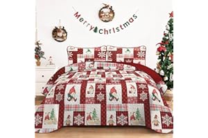 ‎WONGS BEDDING WONGS BEDDING Tagesdecke 220x240 Weihnachts Bettüberwurf Steppdecke Doppelbett Gesteppt Mikrofaser 3 Teilig Weihnachts Tagesdecken mit 2 Kissenbezüge 50x75, Rot Patchwork Weihnachtsbaum Schneeflocke