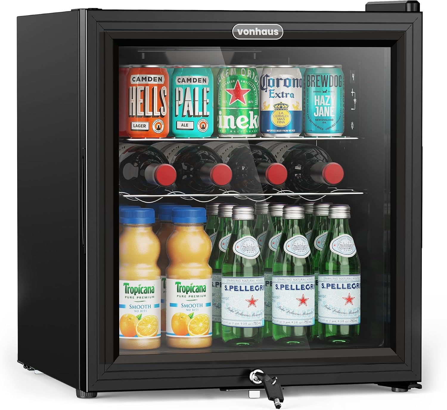VonHaus Drinks Fridge 50L – Mini Beer & Wine Fridge with Reversible Glass Door & LED Light, Auto Defrost, 0-20°C, Lock & Keys, Table Top Drinks Refrigerator with 43L Net Capacity