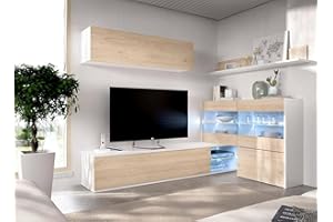 Dmora Parete attrezzata Adams, Set da Soggiorno modulare ad Angolo, Mobile Salotto Multiposizione con Luce LED, 260x41h180 cm, Rovere e Bianco Lucido