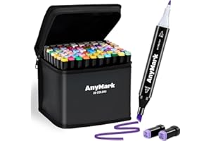 AnyMark Zestaw 80 Kolorowych Markerów Alkoholowych, Podwójna Końcówka Ścięta i Cienka, Markery Alkoholowe dla Dzieci i Dorosłych, Do Kolorowania i Rysowania, Czarna Obudowa
