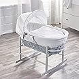 ELEGANT BABY White Waffle Grey Wicker Moses Basket with Chester Grey Rocking Stand, Adjustable Hood, Fibre Mattress & Padded Liner