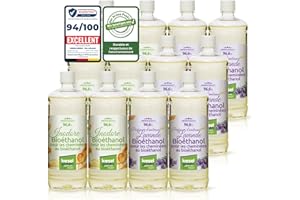 KieselGreen Bioéthanol 12 x 1 Litre Set (6x avec Parfum + 6x Inodore) pour Cheminée à l'éthanol - Bioéthanol comme Parfum - pour Cheminée à l'éthanol Bio intérieur ou feu de Table au Bioéthanol L