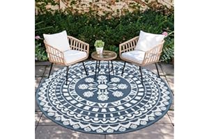 Capslpad Tappeto rotondo da esterno ø180 cm, impermeabile, reversibile, in plastica, stile boho, rotondo, per interni ed esterni, per giardino, camper, campeggio, balcone, cortile, balcone, tenda da