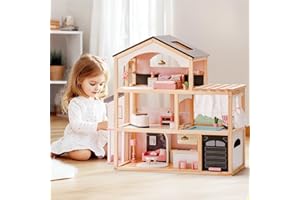 ROBUD Puppenhaus aus Holz,Puppen-Villa mit Möbel,Mit Aufzug, Garage, Pavillon und Schwimmbad,Geschenk für Kinder ab 3, 4, 5, 6 Jahren und älter,Schwarz