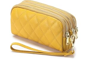RRvane Genuine Leather Quilted Clutch Bag, Ladies' 3 Zipper Wristlet Wallet, Multifunction Purse with Wrist Strap for Women