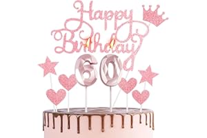 HONGCI Happy 60th Birthday Cake Topper & Candles - Rose Gold Number 60 for Cake Decorations - Rose Pink Cupcake Topper for Women
