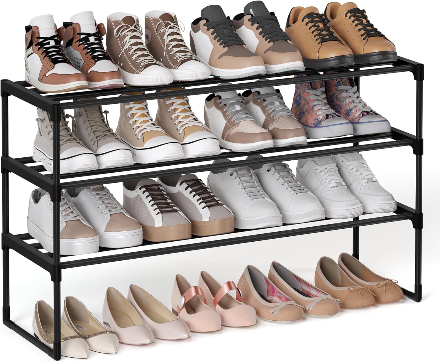 SONGMICS 3-Tier Shoe Rack, Shoe Storage Organiser, Metal Storage Rack, Upright or Upside Down, Fits 16 to 20 Pairs, Stackable, for Hallway, 30 x 92 x 55 cm, Black LSA303B02