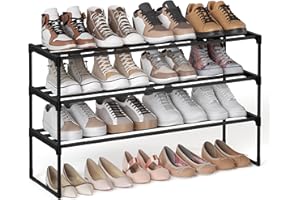 SONGMICS 3-Tier Shoe Rack, Shoe Storage Organiser, Metal Storage Rack, Upright or Upside Down, Fits 16 to 20 Pairs, Stackable, for Hallway, 30 x 92 x 55 cm, Black LSA303B02