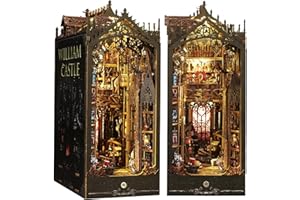 Hzuisst Book Nook, DIY Dollhouse Book Nook Kits for Adults, DIY Miniature House Kit, 3D Wooden Puzzle Bookend, Bookshelf Insert Decor with LED Sensor Light, Model Build Book Nook Kit for Teens Adults